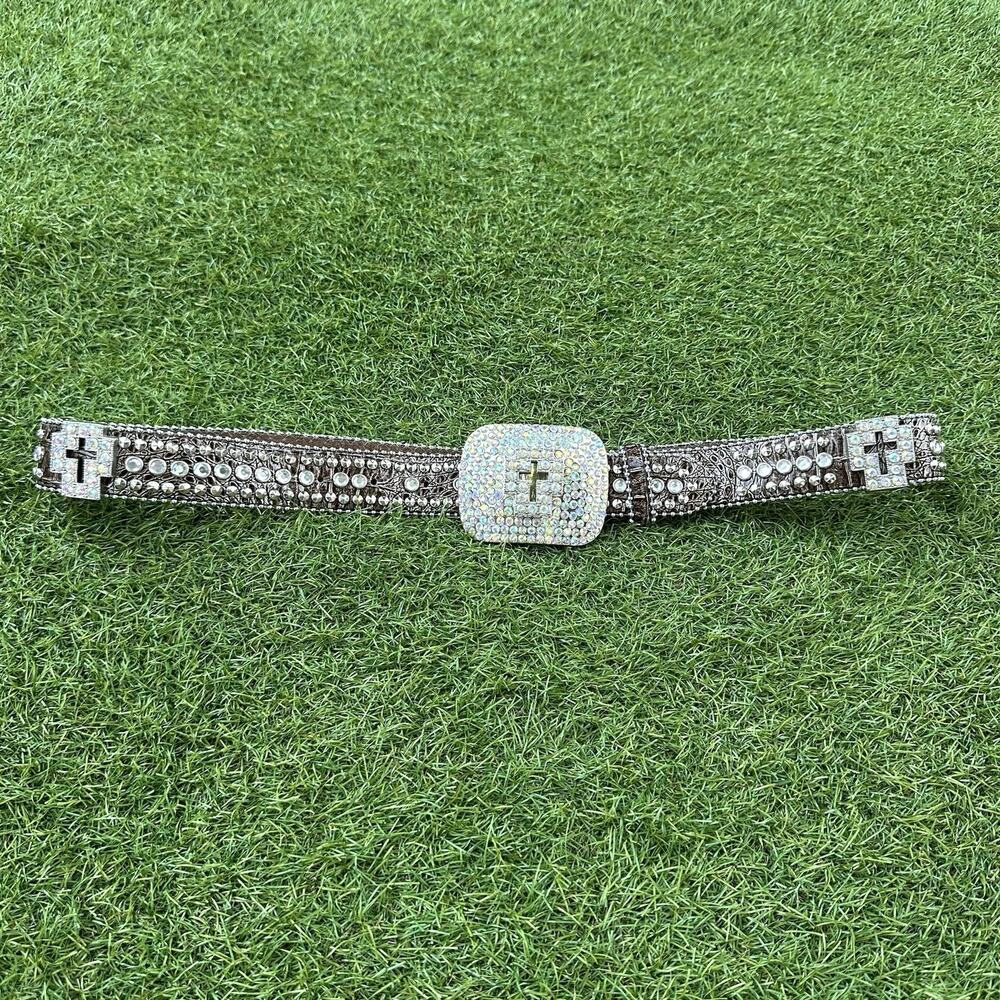 Pewter Rhinestone Cross Crystal Croco Leather Snap On Buckle Belt Medium